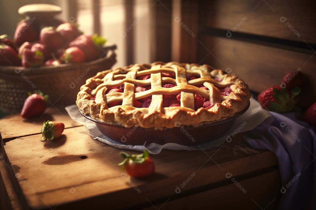 Torta de morango caseira assada, na mesa de madeira rústica, fundo da cozinha