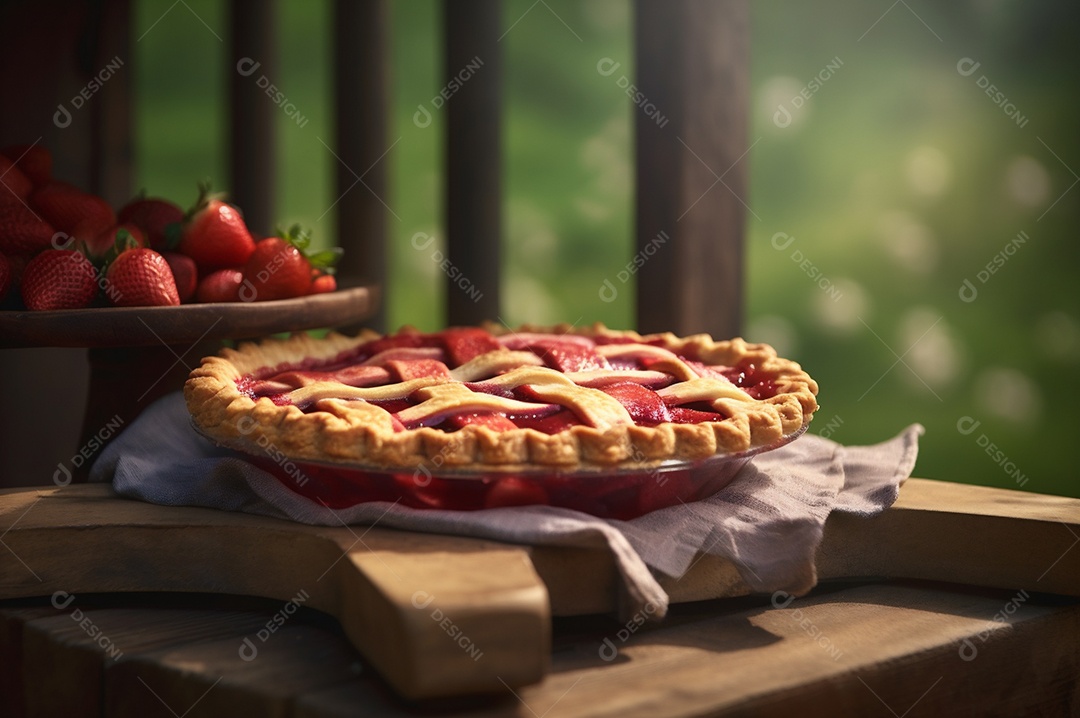Torta de morango caseira assada, na mesa de madeira rústica, fundo da cozinha