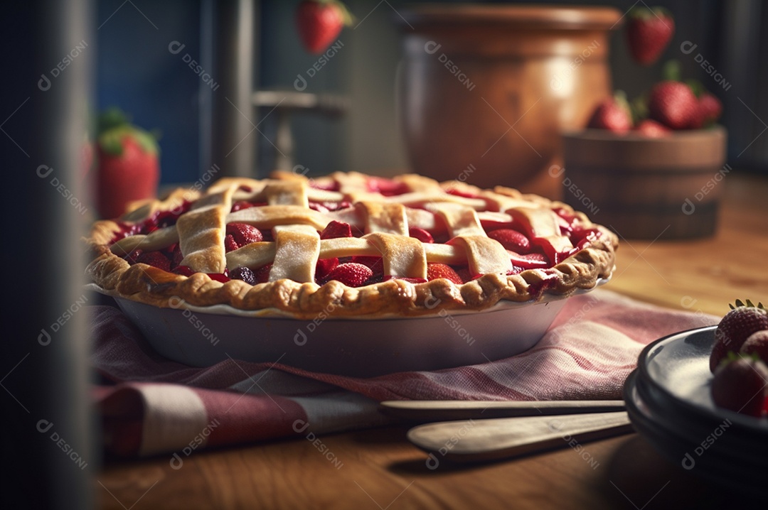 Torta de morango caseira assada, na mesa de madeira rústica, fundo da cozinha