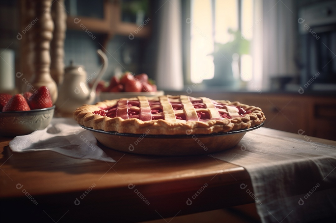 Torta de morango caseira assada, na mesa de madeira rústica, fundo da cozinha