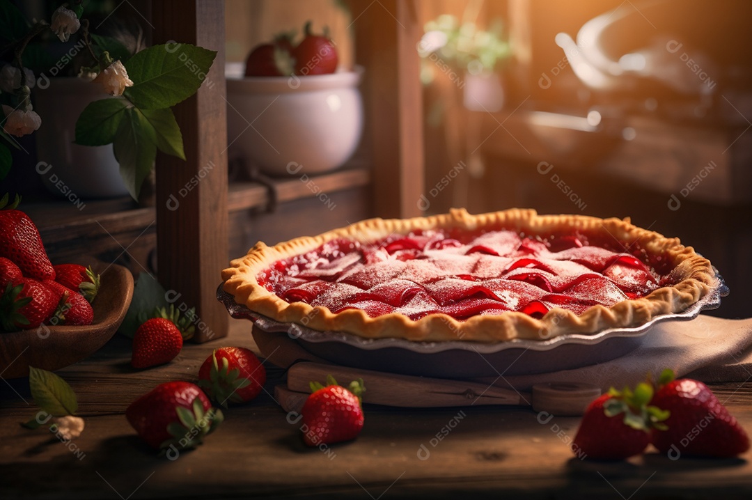 Torta de morango caseira assada, na mesa de madeira rústica, fundo da cozinha