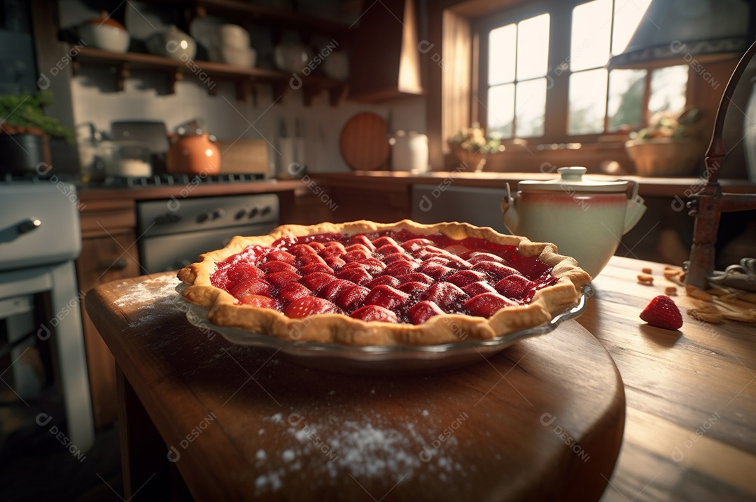 Torta de morango caseira assada, na mesa de madeira rústica, fundo da cozinha