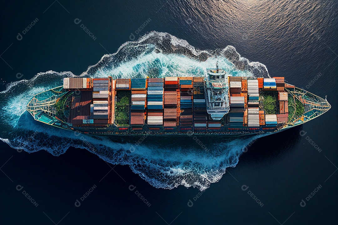 Navio de carga que transporta contêineres para exportação e importação é mostrado em um serviço mundial de frete global gerado por IA