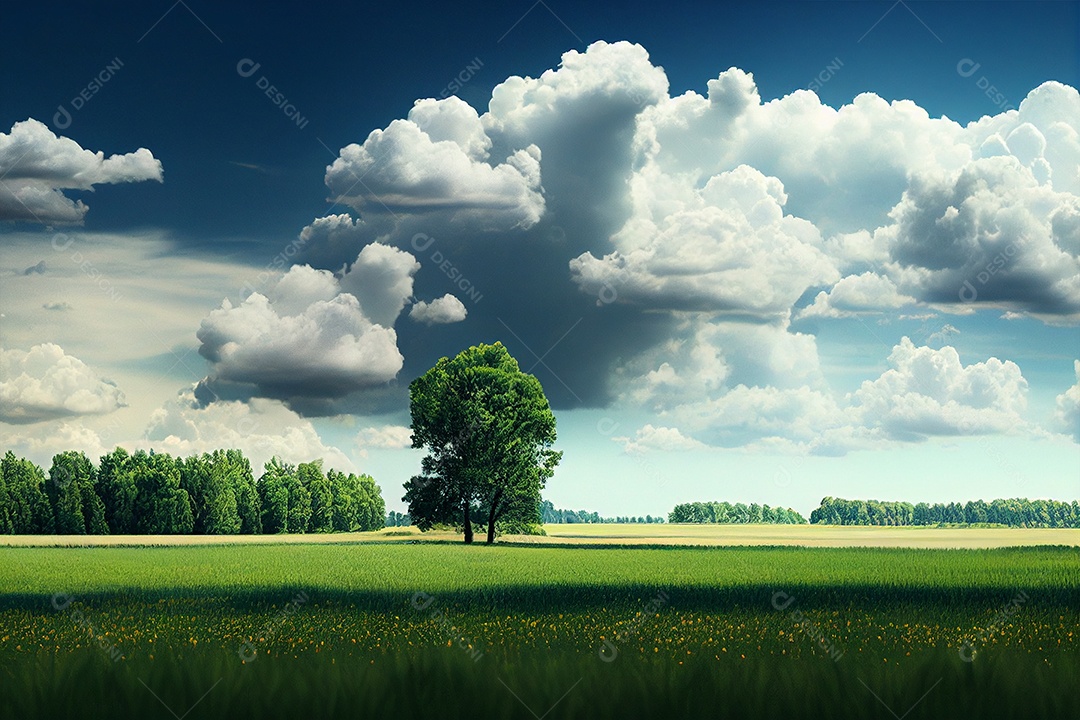 Fundo de um exuberante campo de grama com grandes nuvens á cima gerado por IA