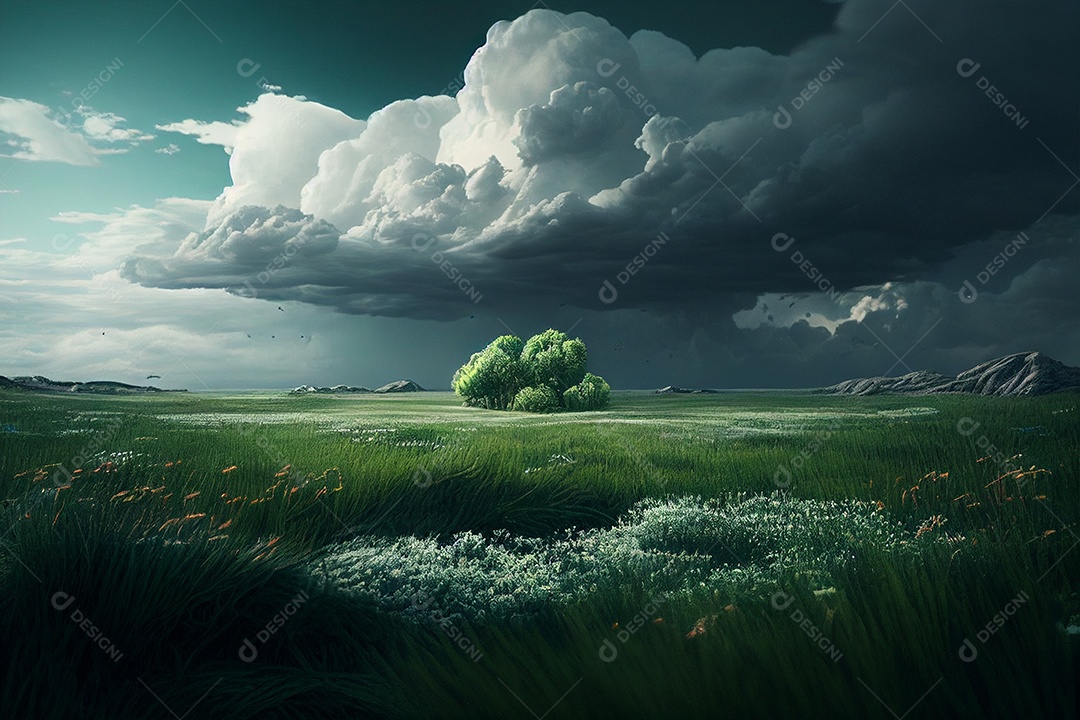 Fundo de um exuberante campo de grama com grandes nuvens á cima gerado por IA