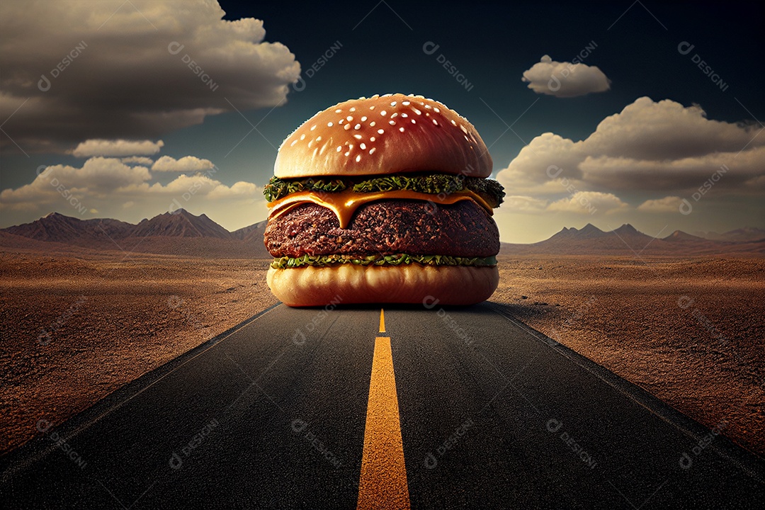 Fundo abstrato com estrada com hamburguer conceito de miniatura 3D gerado por IA