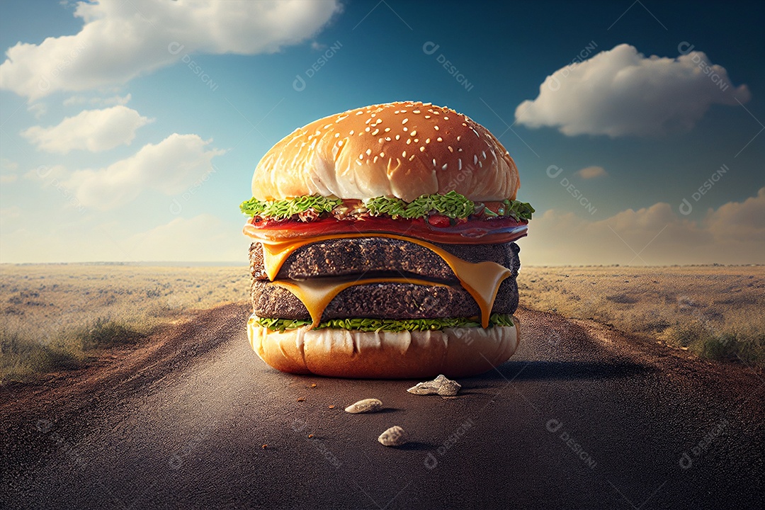 Fundo abstrato com estrada com hamburguer conceito de miniatura 3D gerado por IA