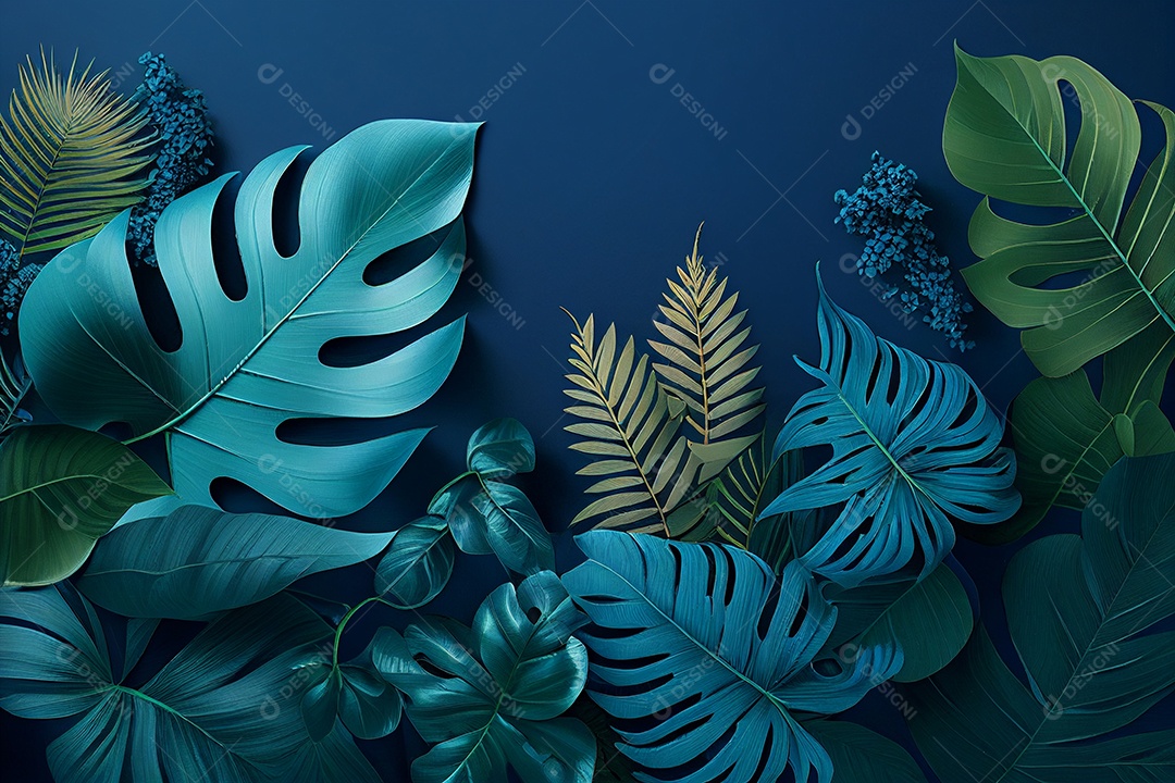 Folhas tropicais em um fundo azul escuro gerado por IA