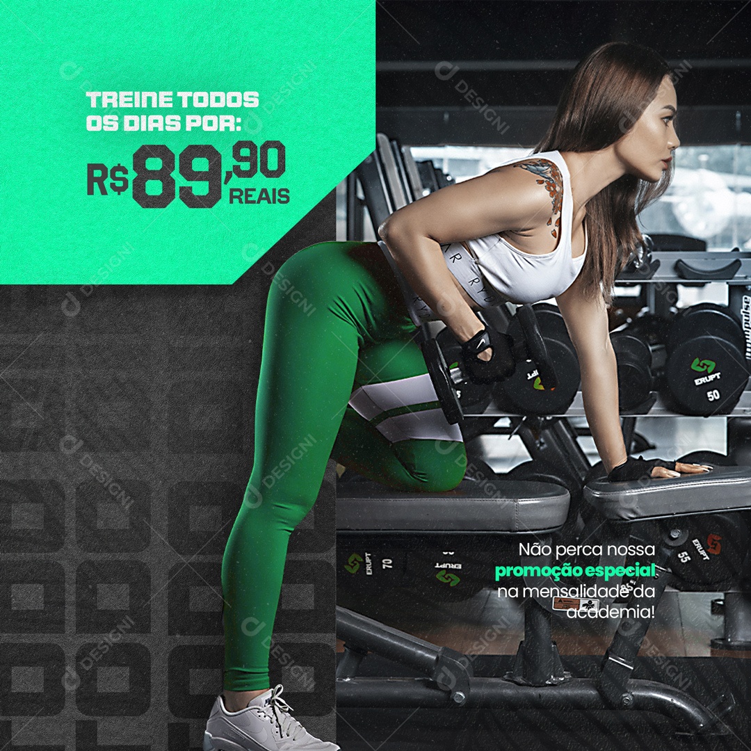 Treine Todos Os Dias Por R$ 89,90 Academia Social Media PSD Editável