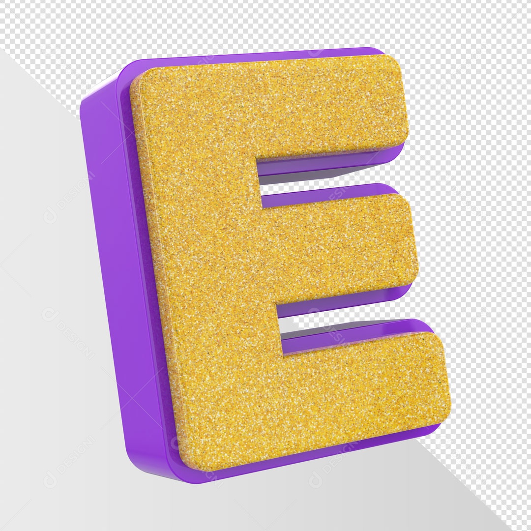 Alfabeto Letra E Dourado Com Roxo Elemento 3D Para Composição PSD