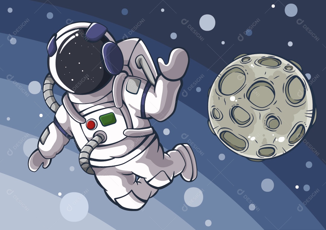 Astronauta de desenho animado e lua no espaço