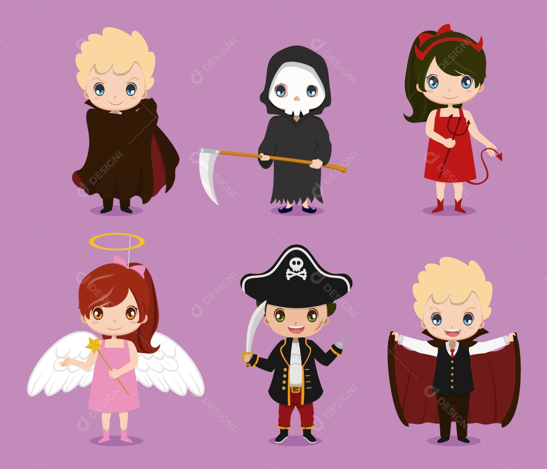 Conjunto de crianças fofas vestindo fantasias de Halloween