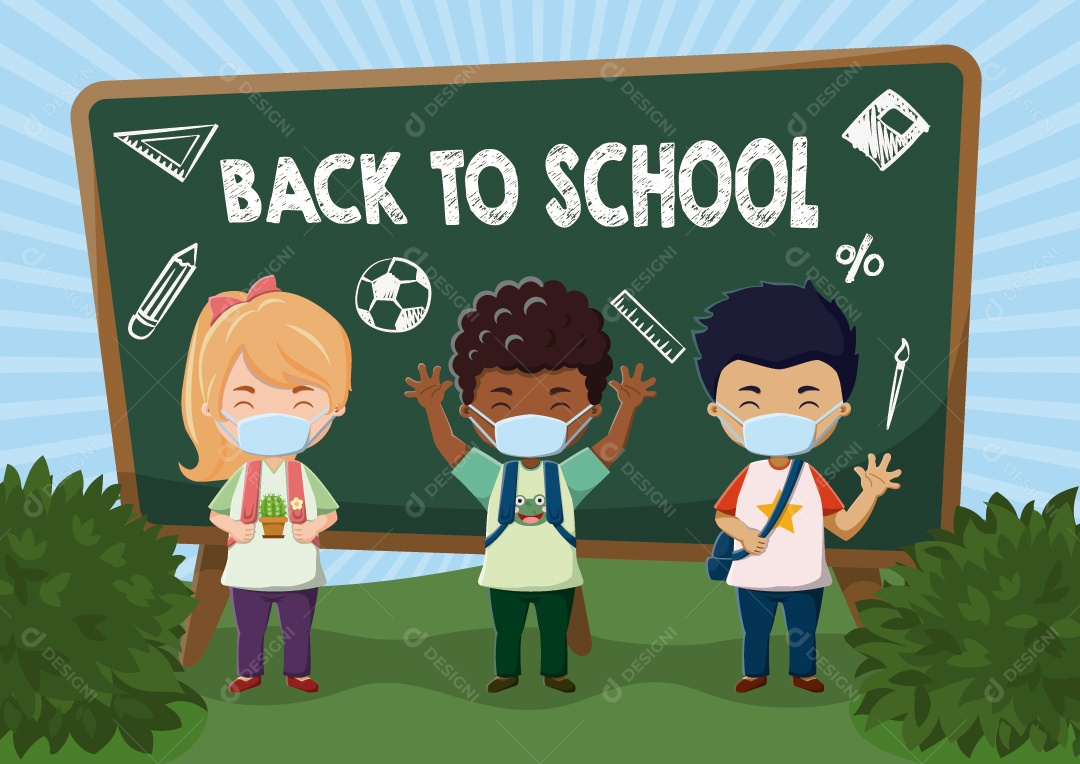 Crianças fofas usando máscaras de volta à escola