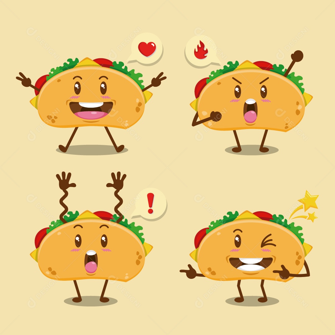 Conjunto de personagens fofos de taco mexicano