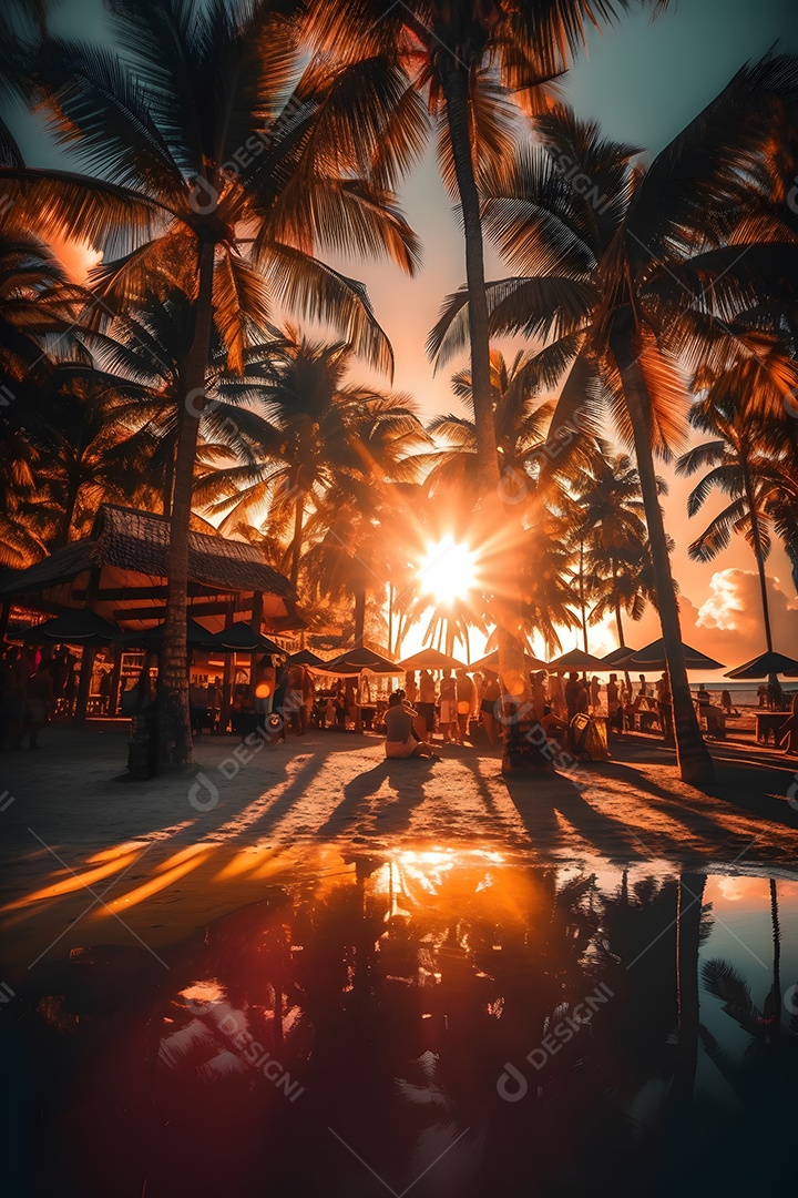 Linda paisagem por do sol com arvores coqueiros