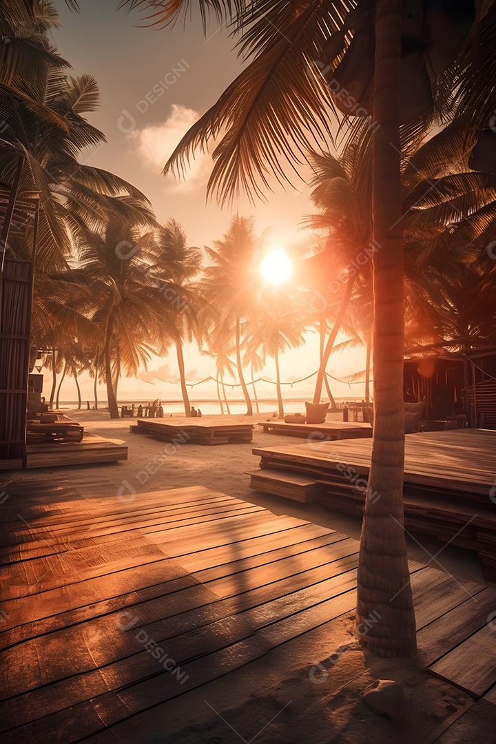 Linda paisagem por do sol com arvores coqueiros