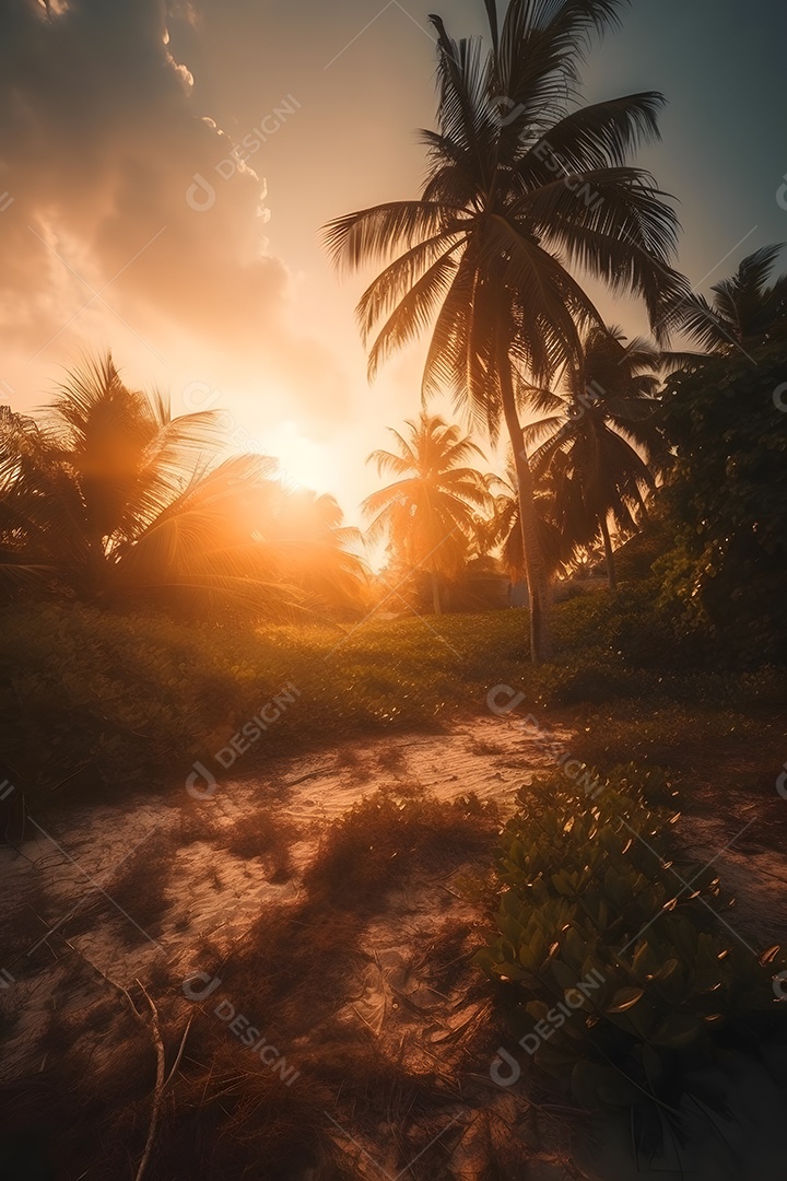 Linda paisagem por do sol com arvores coqueiros