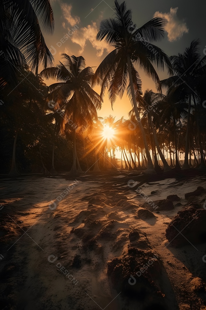 Linda paisagem por do sol com arvores coqueiros