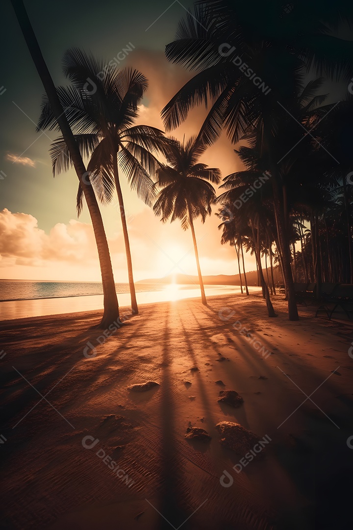 Linda paisagem por do sol com arvores coqueiros