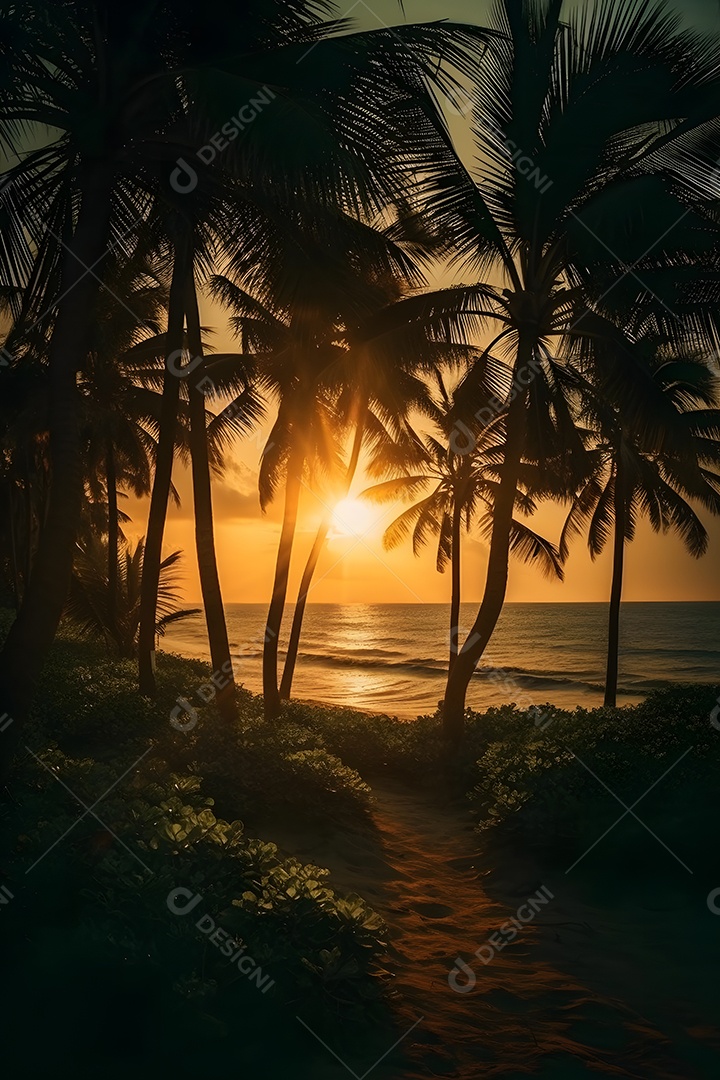 Linda paisagem por do sol com arvores coqueiros