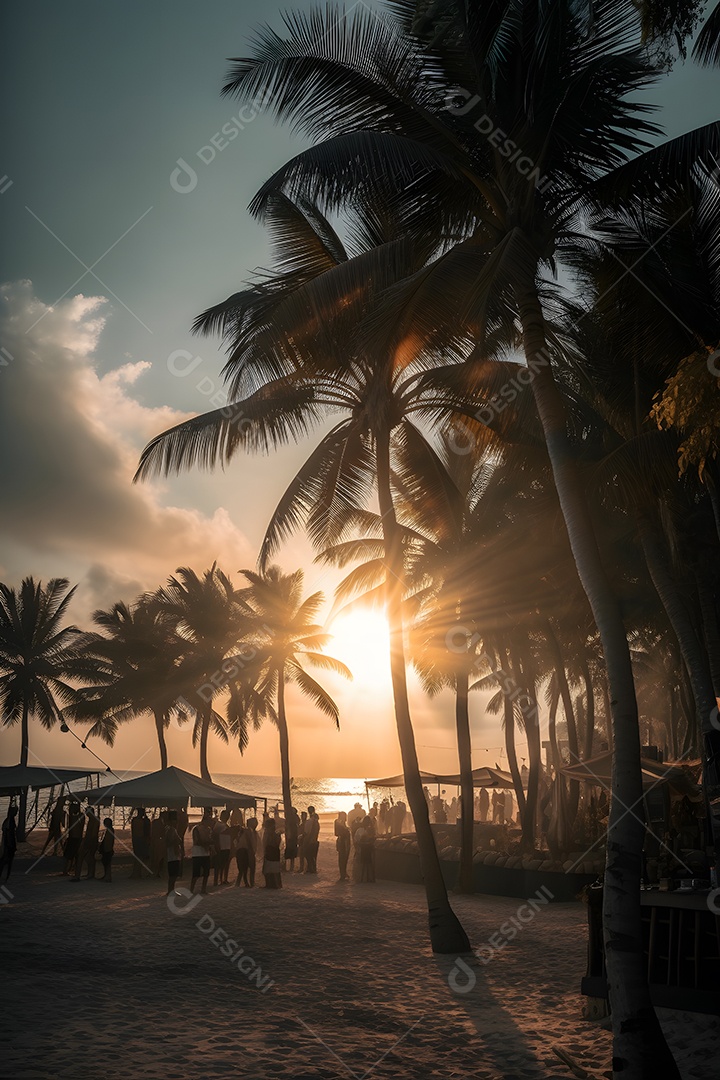 Linda paisagem por do sol com arvores coqueiros