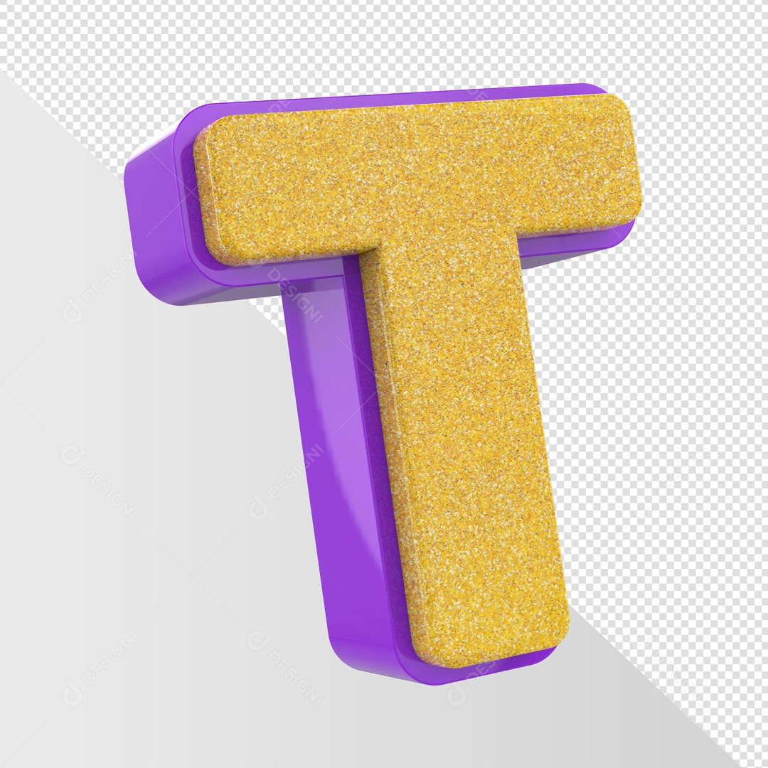 Alfabeto Letra T Dourado Com Roxo Elemento 3D Para Composição PSD