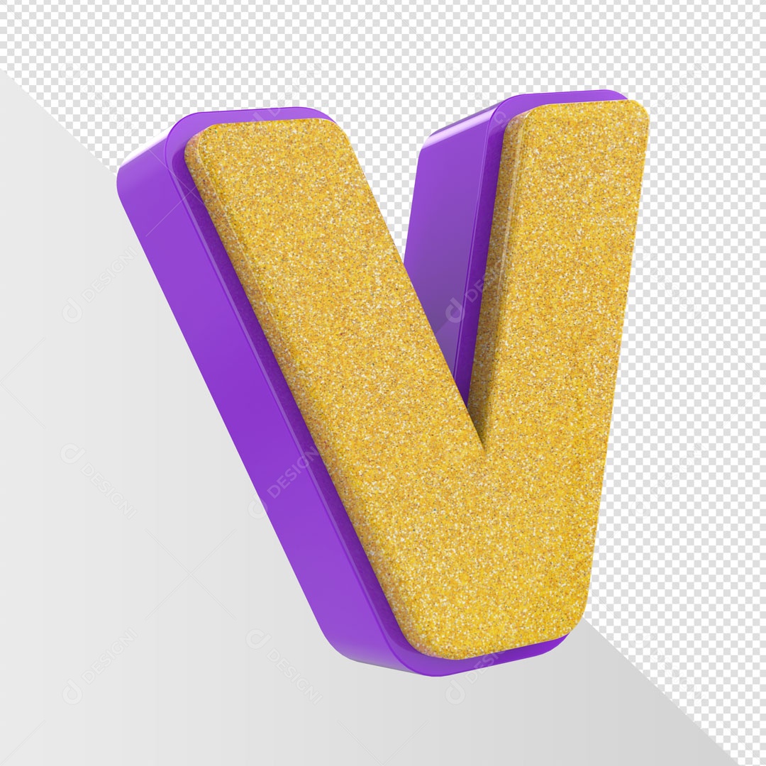 Alfabeto Letra V Dourado Com Roxo Elemento 3D Para Composição PSD