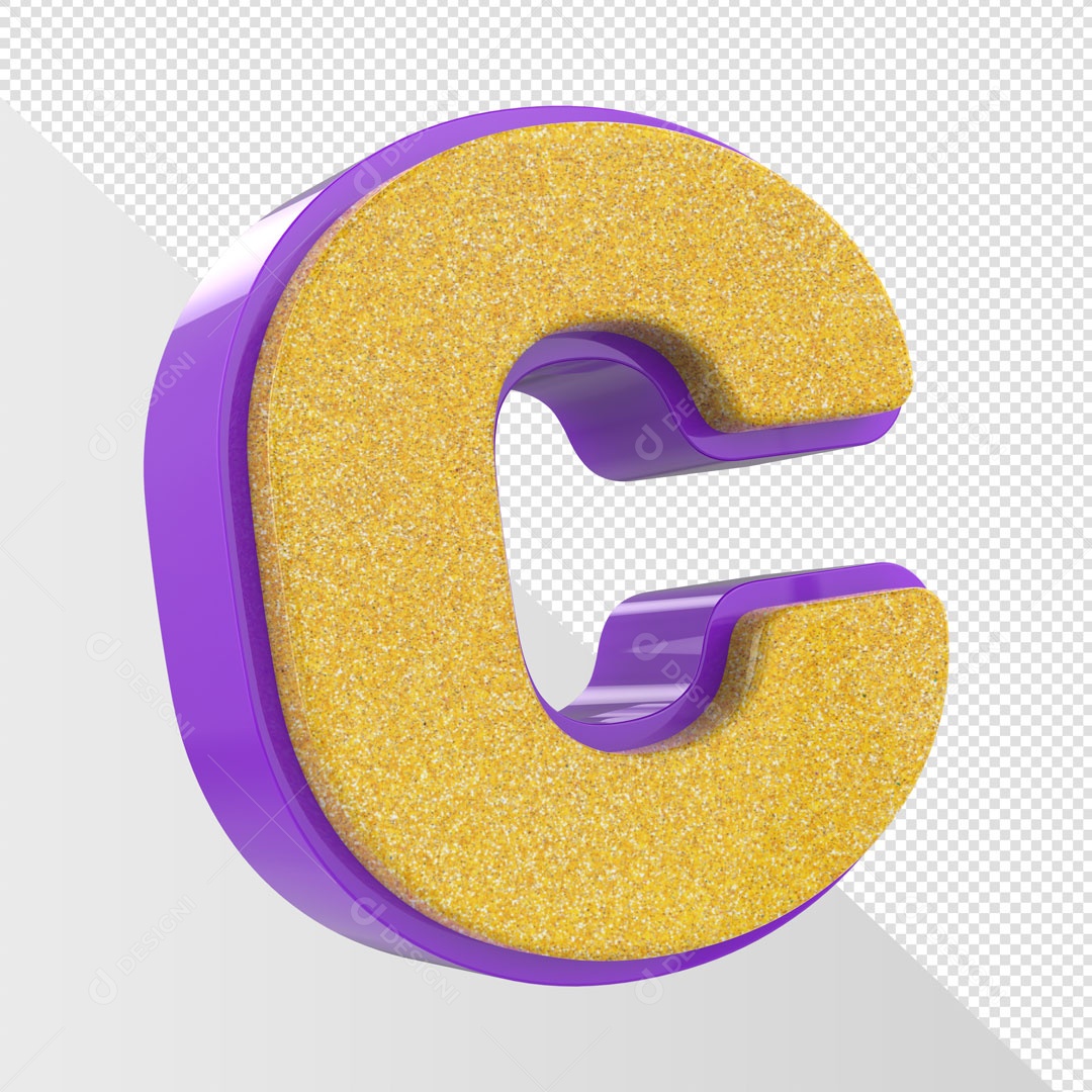 Alfabeto Letra C Dourado Com Roxo Elemento 3D Para Composição PSD