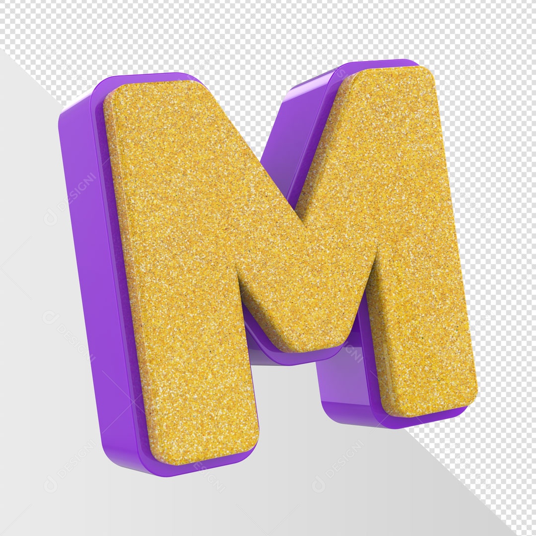 Alfabeto Letra M Dourado Com Roxo Elemento 3D Para Composição PSD