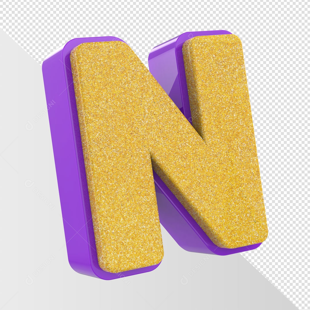 Alfabeto Letra N Dourado Com Roxo Elemento 3D Para Composição PSD