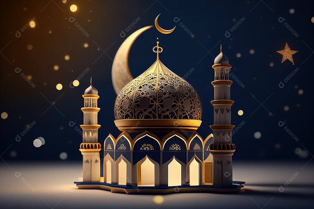 Fundo de Ramadan Kareem com mesquita e lua gerada por IA