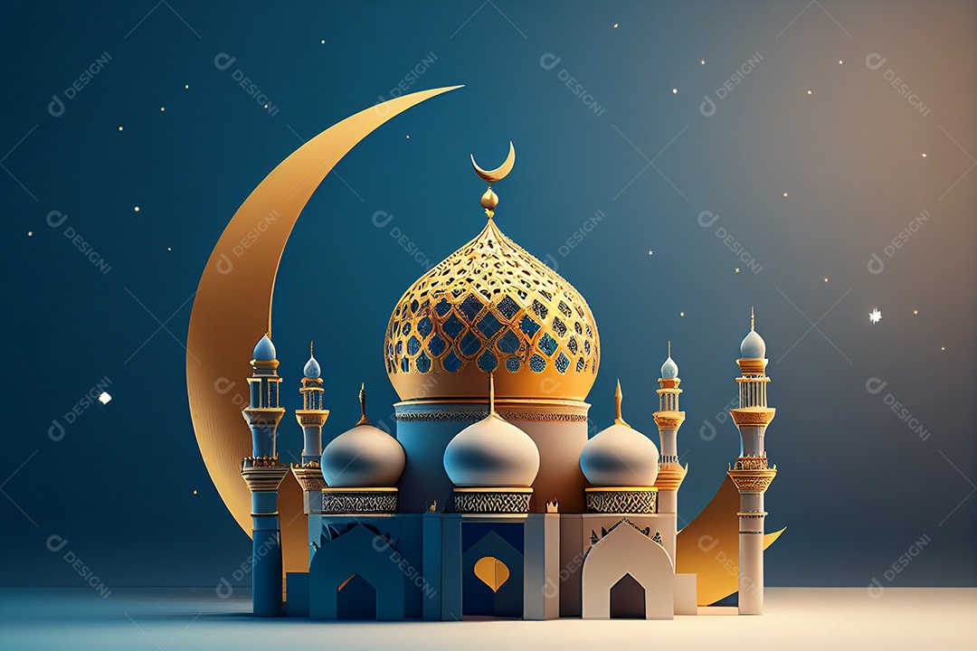 Fundo de Ramadan Kareem com mesquita e lua gerada por IA
