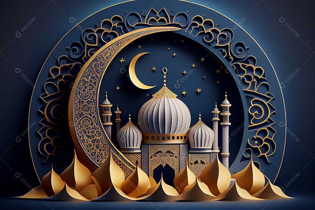 Fundo de Ramadan Kareem com mesquita e lua gerada por IA