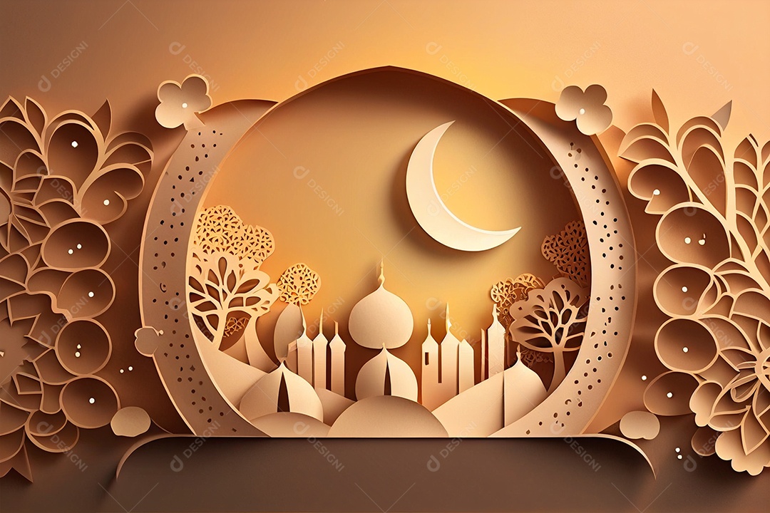 Fundo de Ramadan Kareem com mesquita e lua gerada por IA