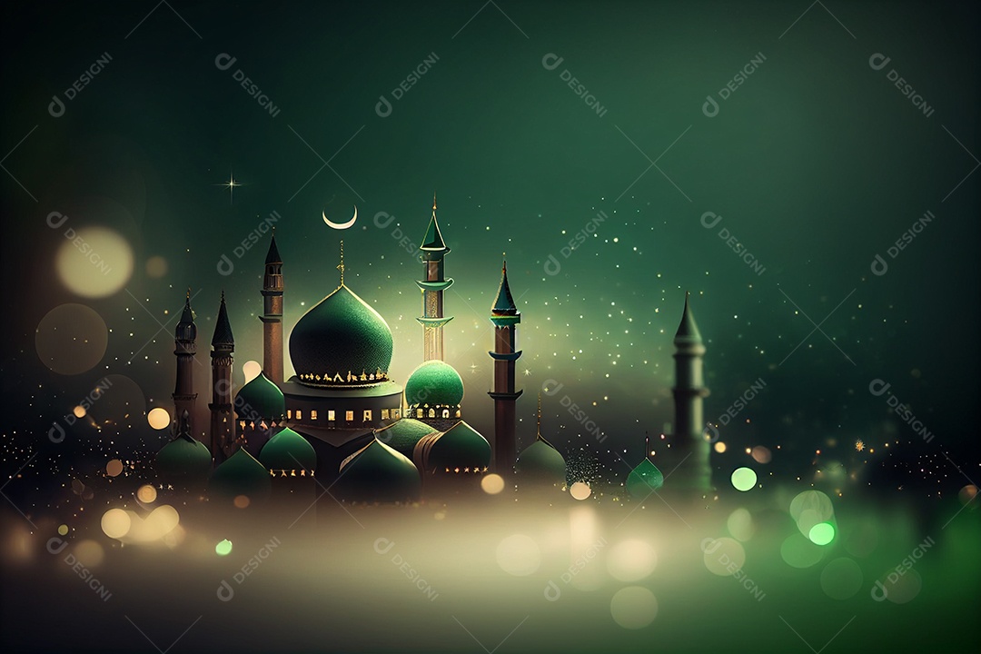 Fundo de Ramadan Kareem com mesquita e lua gerada por IA