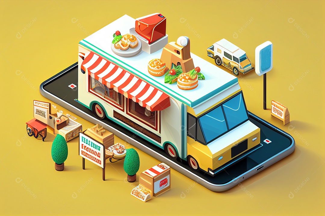 Desenho de ilustração conceito de food truck em 3D gerado por IA