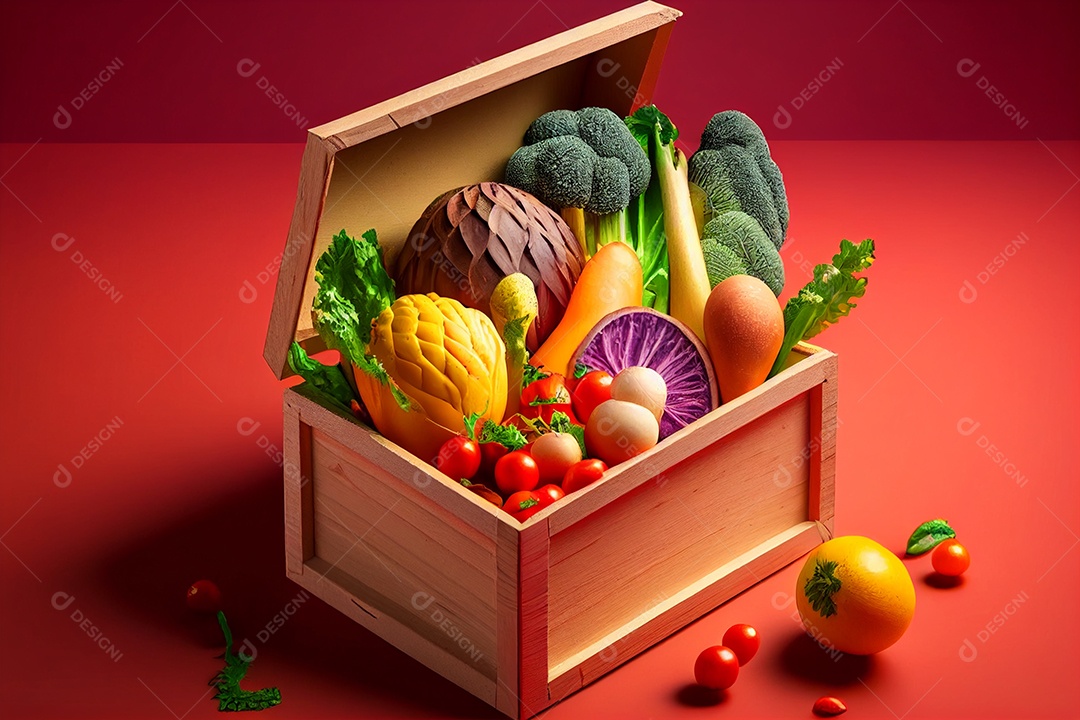 Belas verduras frescas sobre fundo vermelho criado por IA