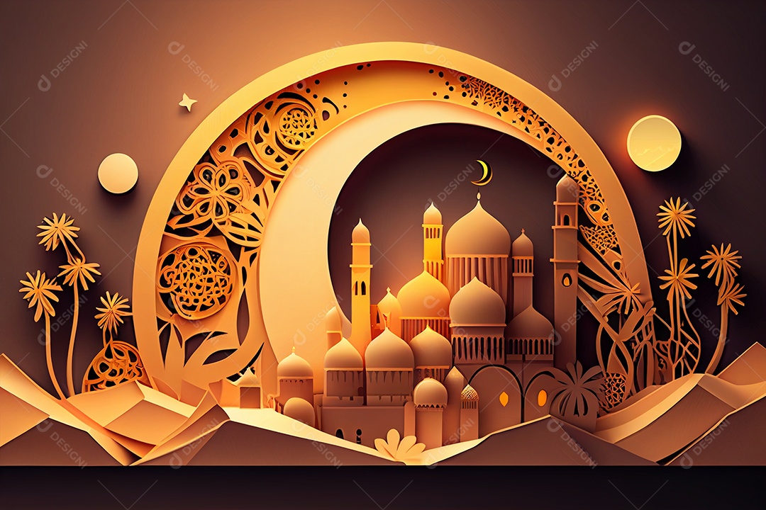 Fundo de Ramadan Kareem com mesquita e lua gerada por IA