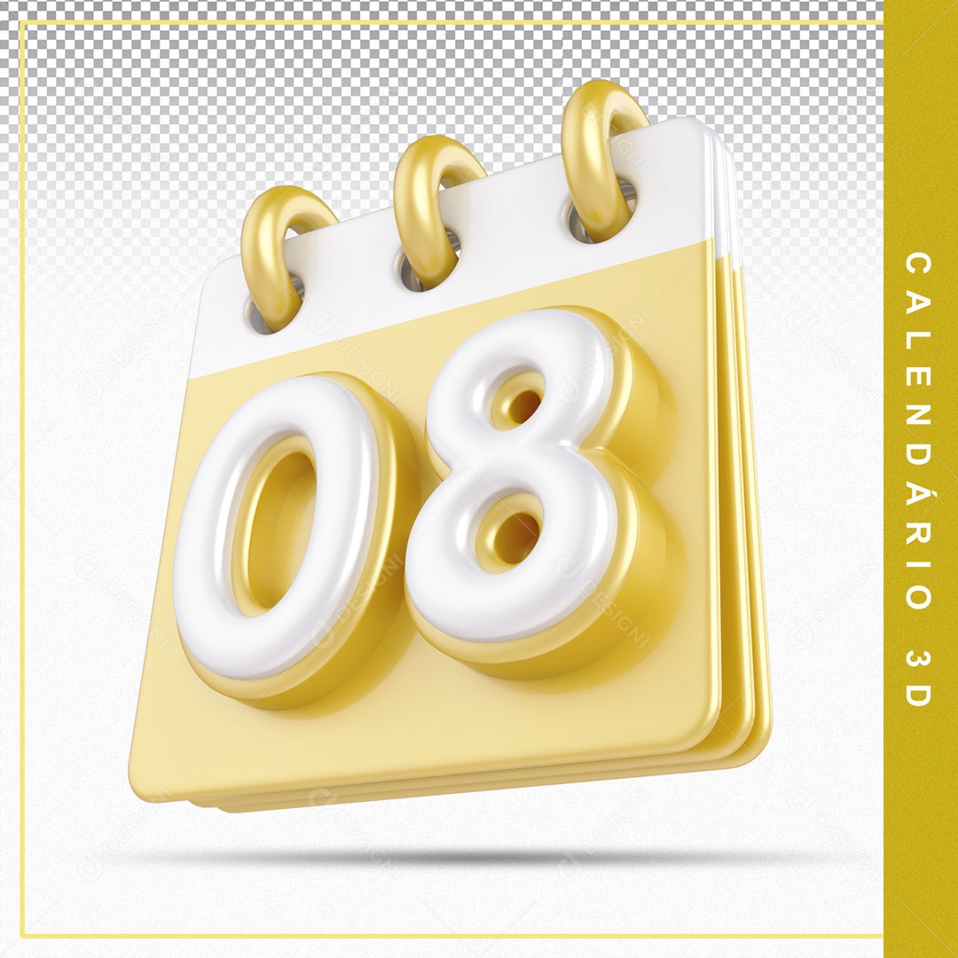 Elemento De Calendario Branco E Dourado Dia 08 Para Composição PSD