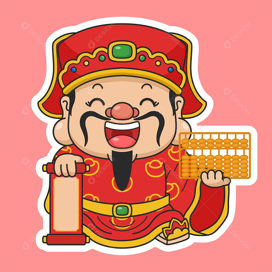 Bonito Deus da Fortuna Do Ano Novo Chinês Segurando Ábaco e Rolagema Vetor EPS