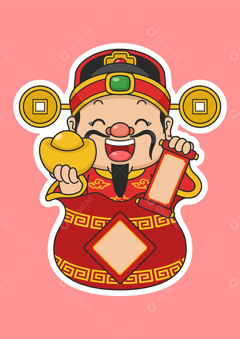 Bonito Deus da Fortuna Do Ano Novo Chinês Segurando Pergaminho e Bolsa Vetor EPS