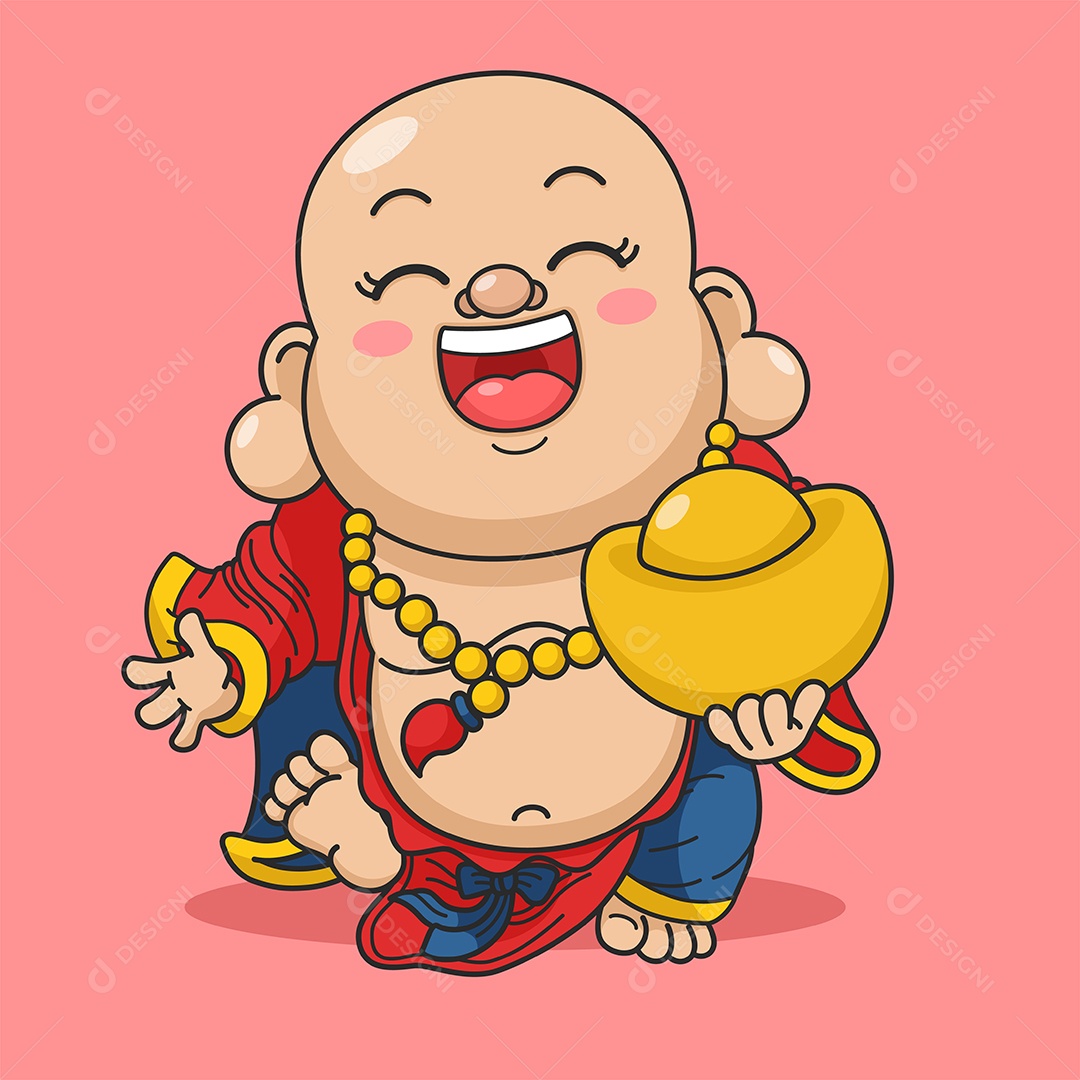Lindo Ano Novo Chinês Deus Da Sorte Buda Rindo Segurando Bolsa Vetor EPS