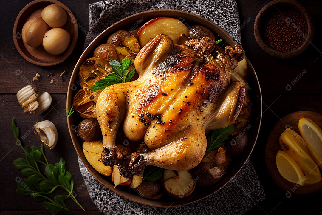 Frango assado com batatas em um prato sobre mesa de madeira