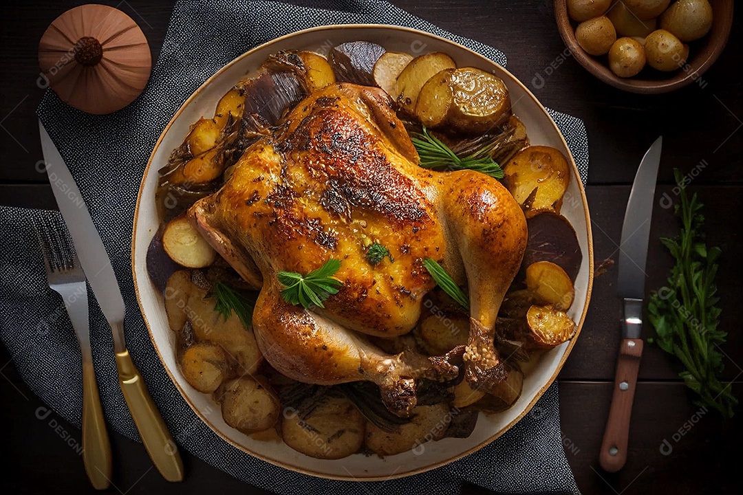 Frango assado com batatas em um prato sobre mesa de madeira