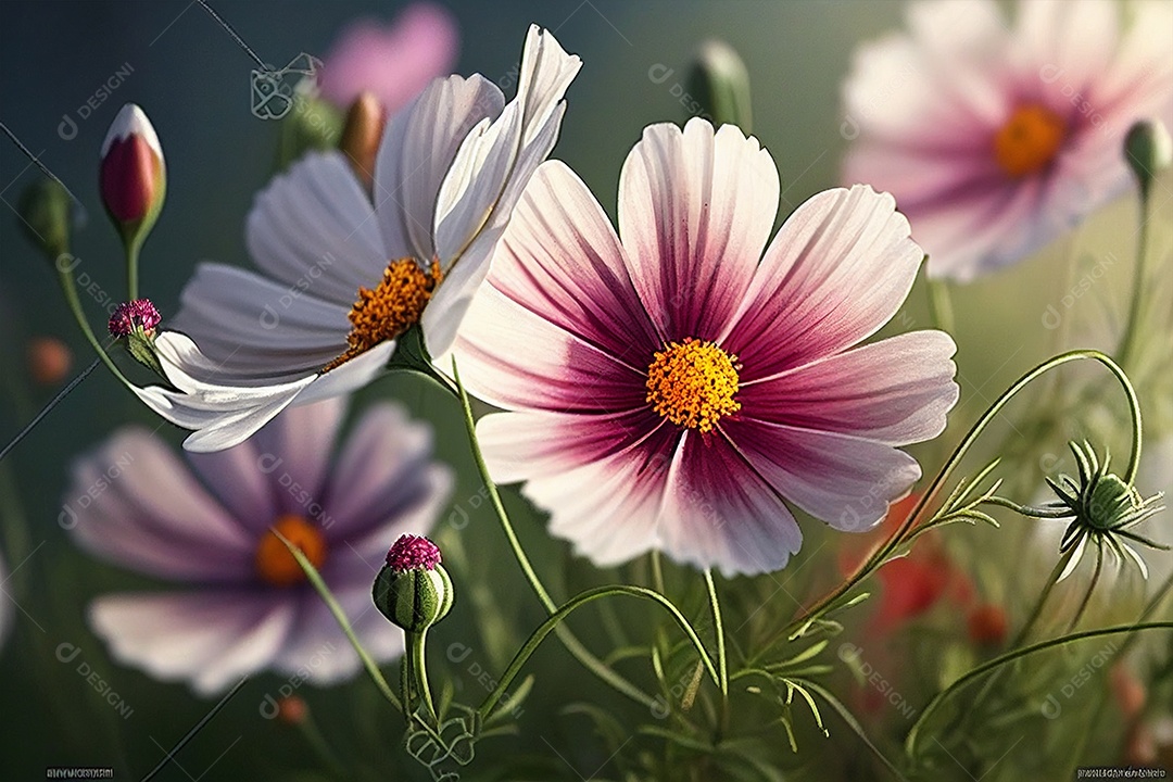 Renderização 3D de flores com lindas colorações gerada por IA