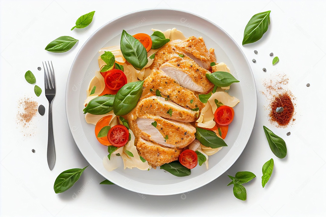 Filé de frango grelhado e legumes no fundo branco isolado gerado por IA