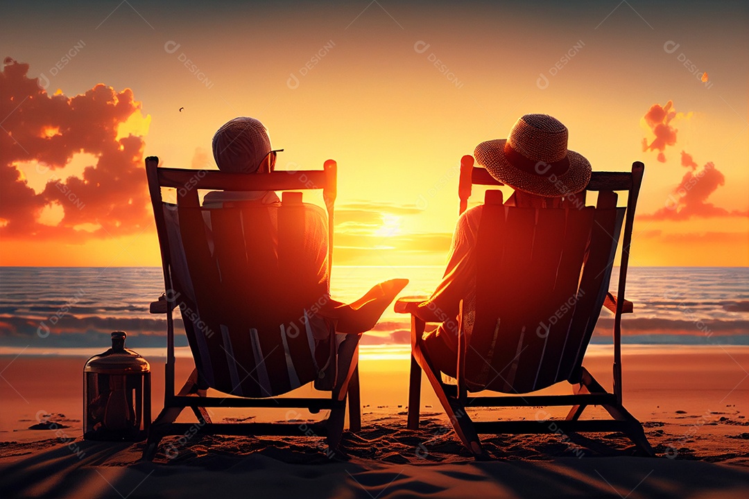 Casal feliz aprecia o pôr do sol de luxo na praia durante as férias de verão gerado por IA