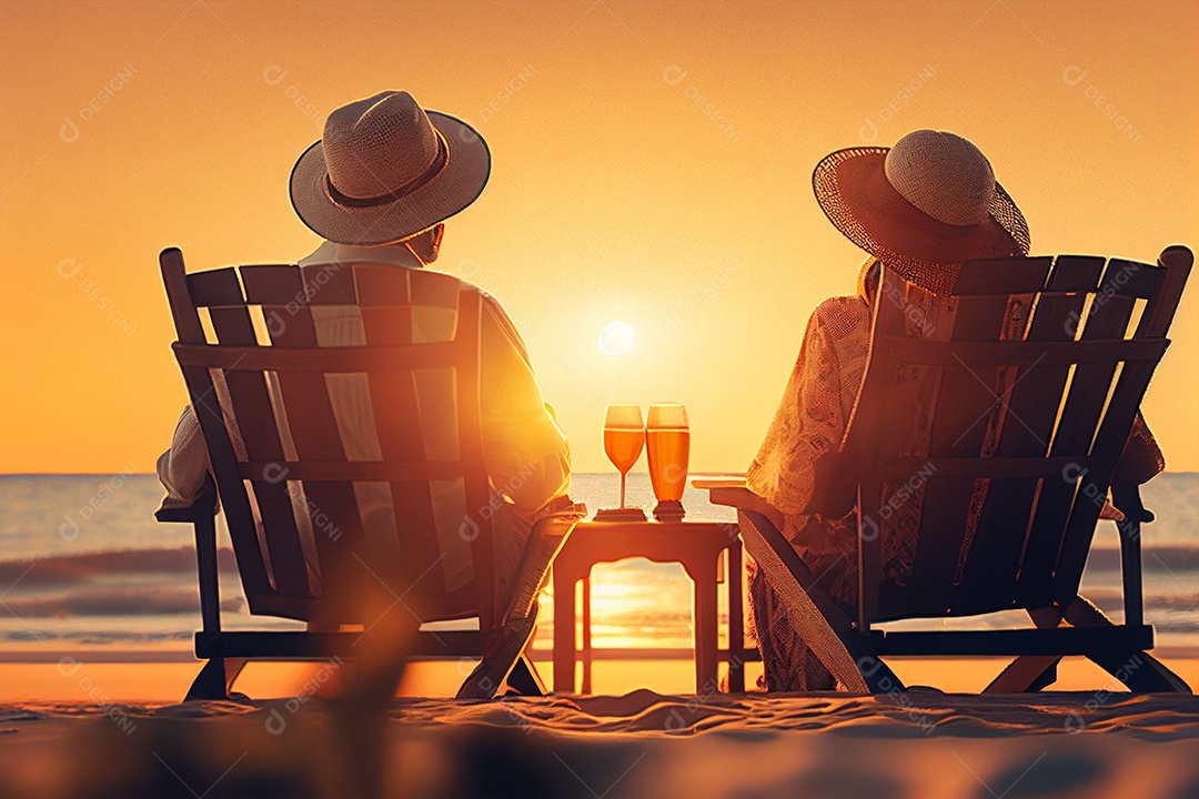 Casal feliz aprecia o pôr do sol de luxo na praia durante as férias de verão gerado por IA