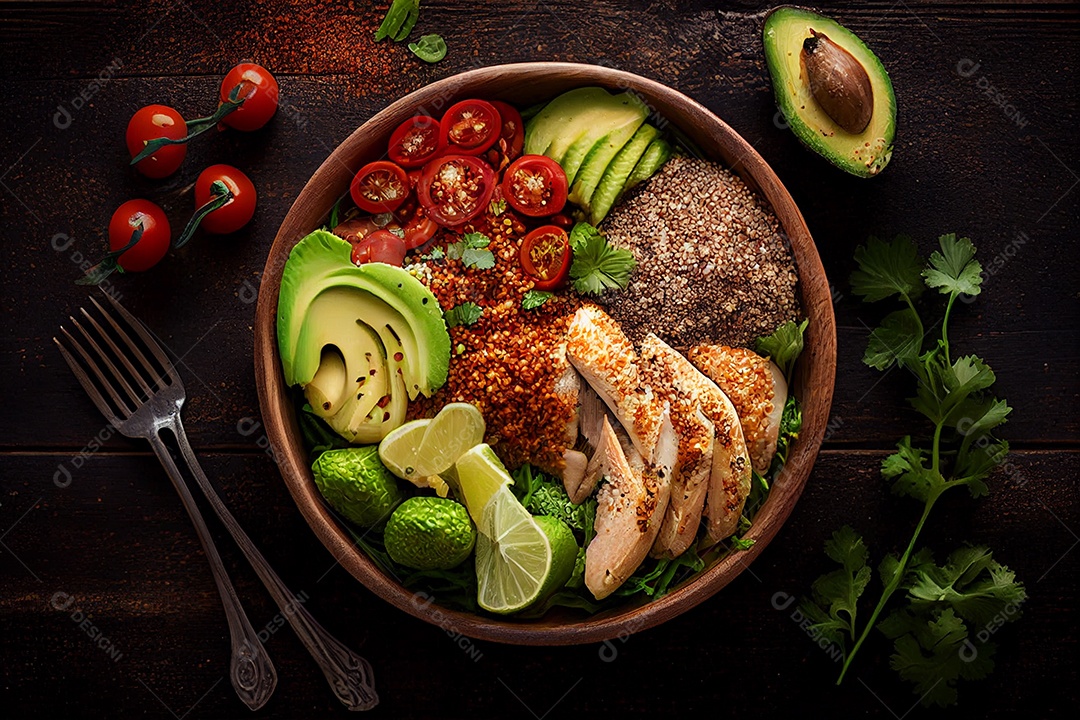 Tigela de salada saudável com quinoa sobre mesa de madeira gerado por IA