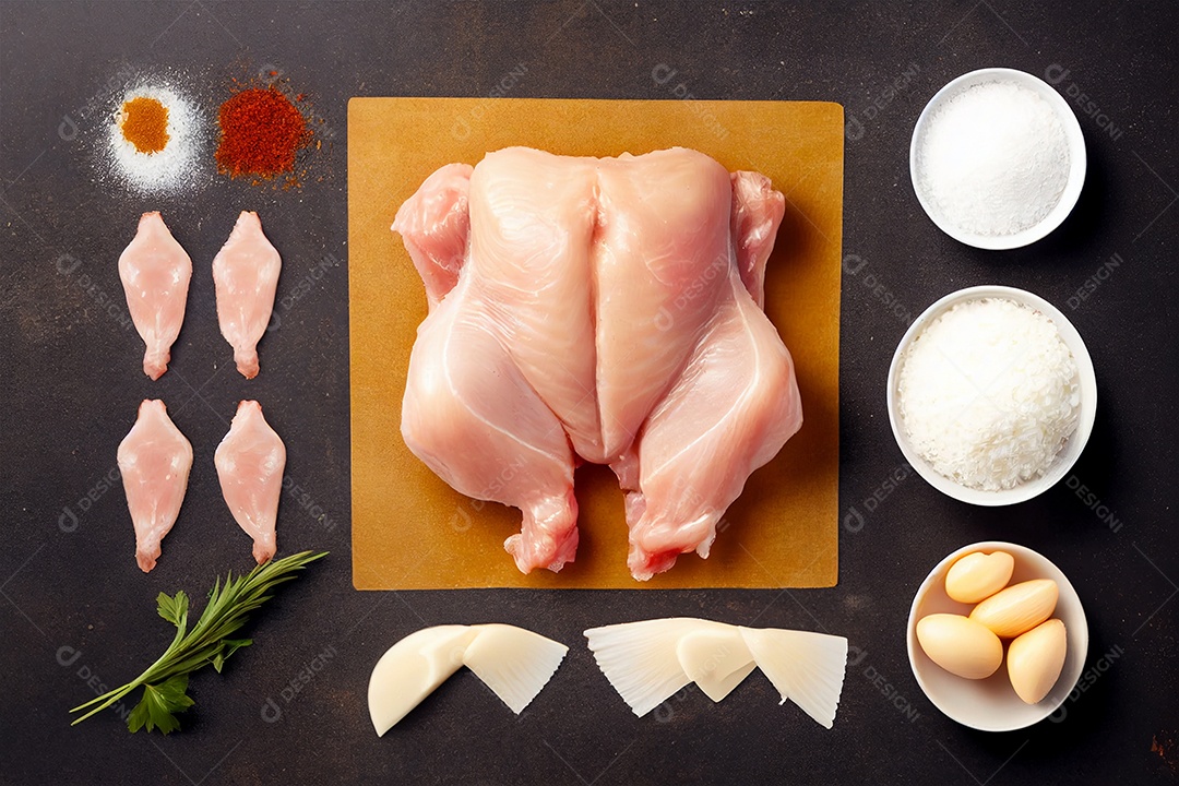 Frango cru com ingredientes para cozinhar em fundo isolado gerado por IA
